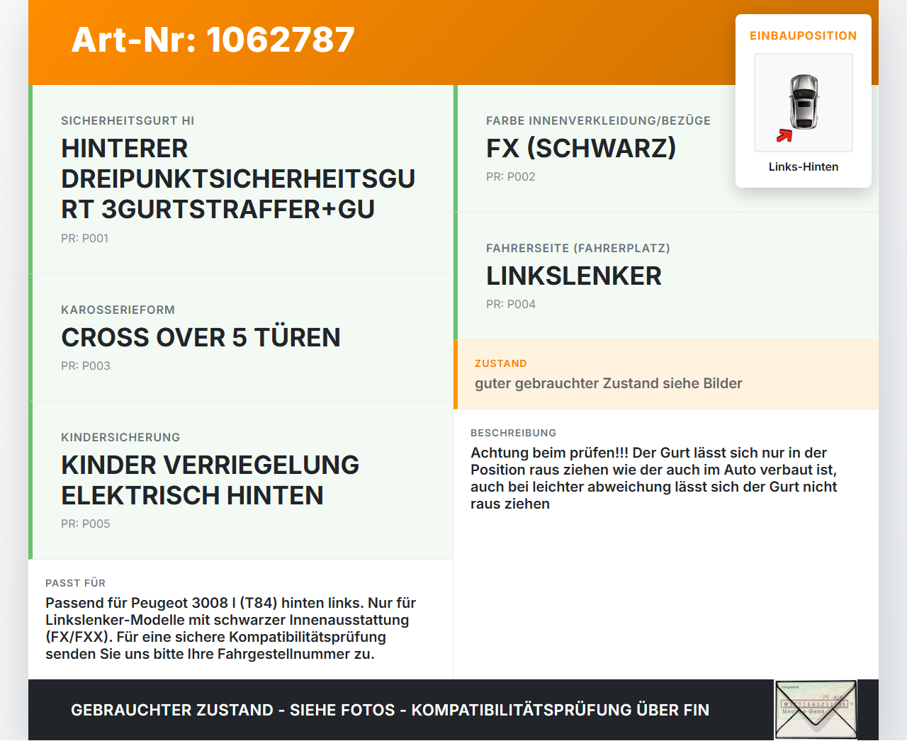Peugeot 3008 I 0U 13-16 Mehrzweckfahrzeug Gurt Sicherheitsgurt Links Hinten Peugeot 3008 I 0U 13-16 02.01.2012... Vorschau 3
