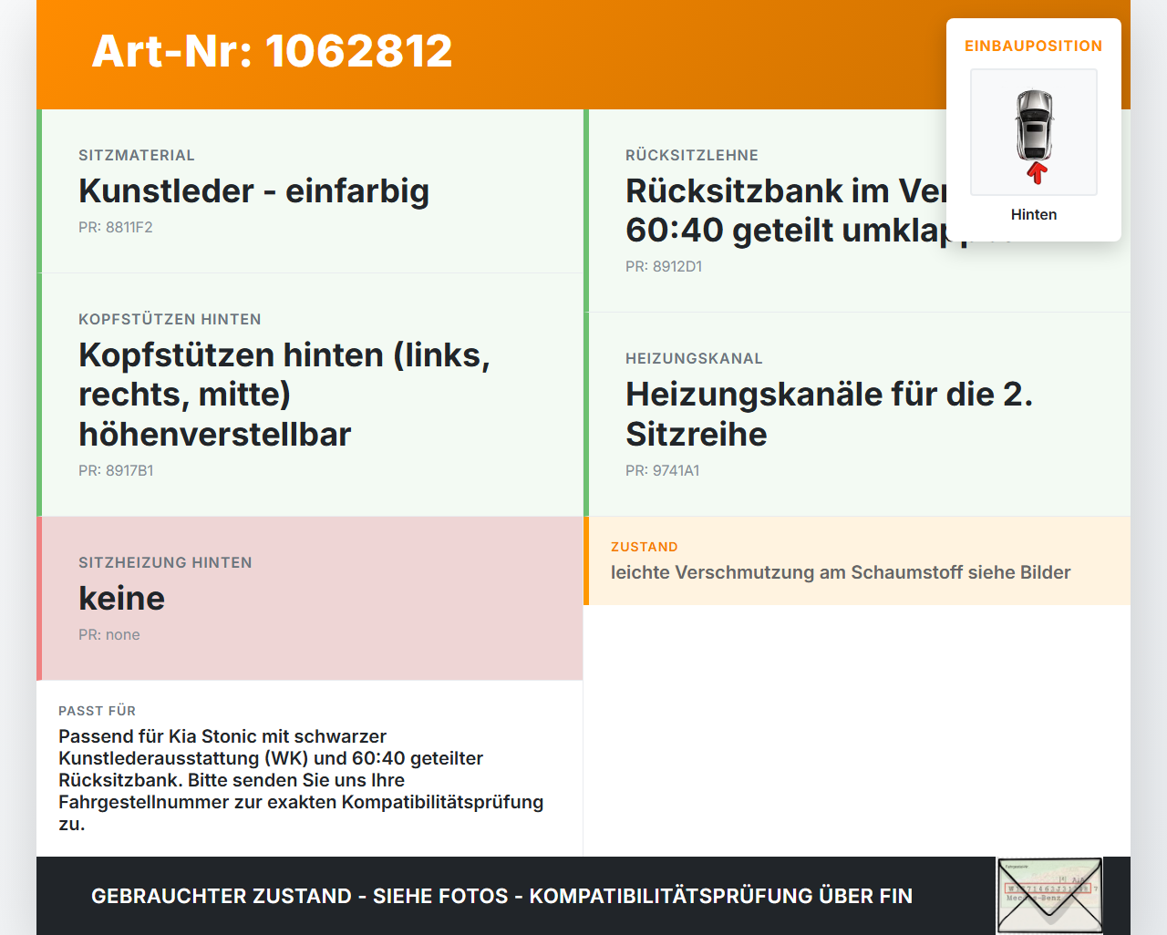 KIA Stonic YB 17-20 Sitzbezug Sitzpolster für Rücksitzbank Hinten KIA Stonic YB 17-20 09.12.2019 89160H8100SJP gebraucht Vorschau 3