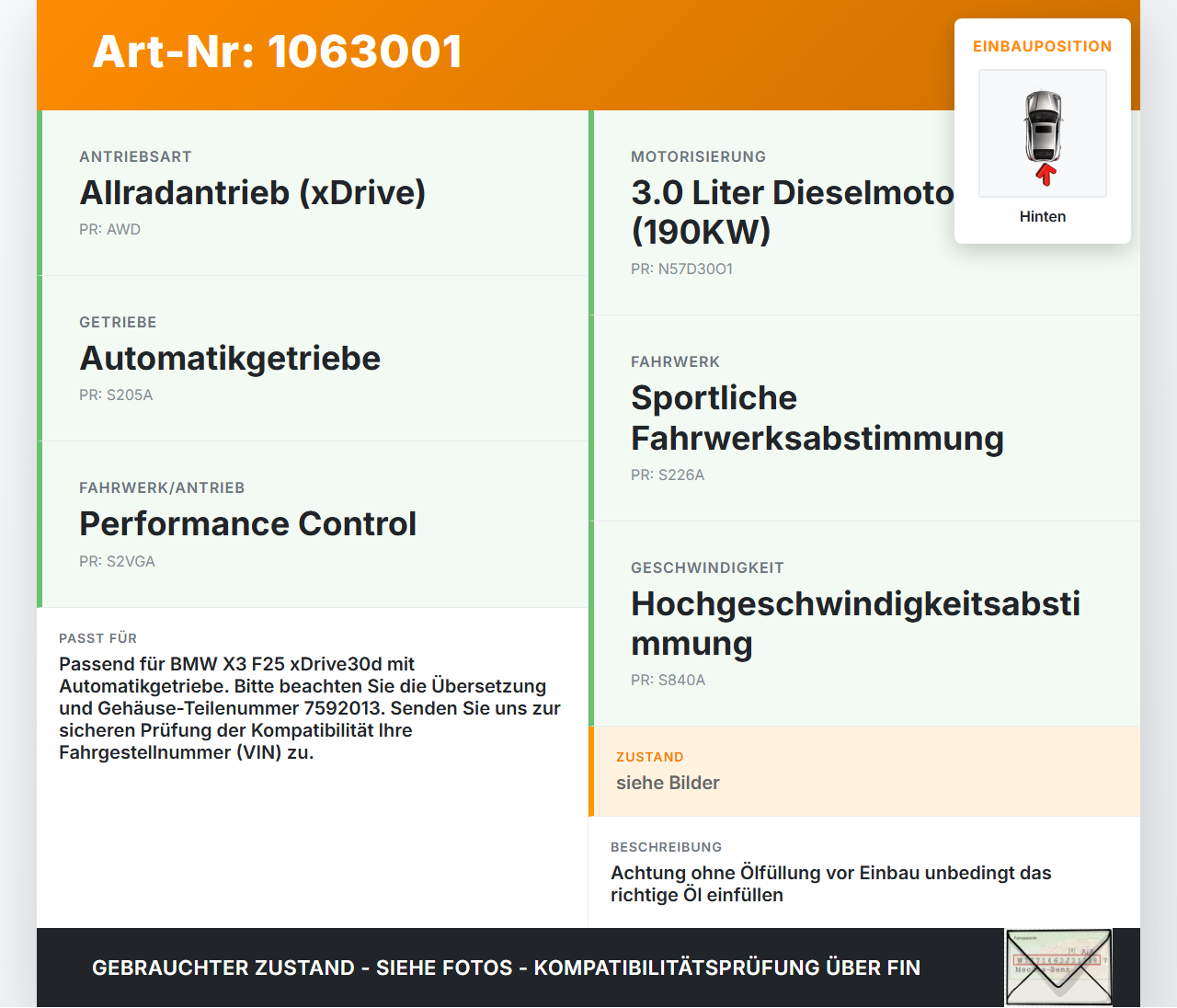 BMW X3 F25 10-14 3,0 190KW 4WD Differential Hinterachsgetriebe Hinten BMW X3 F25 10-14 24.01.2013 7592014... Vorschau 3