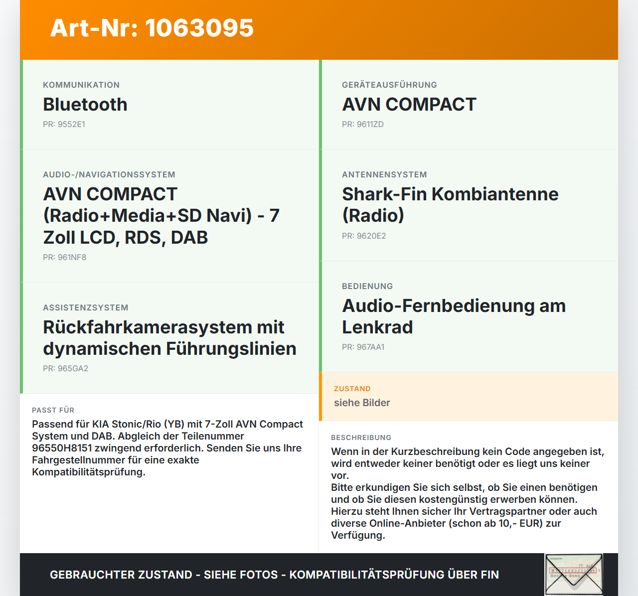 KIA Stonic YB 17-20 Navigationssystem Navi N15F LAN7200EKYB KIA Stonic YB 17-20 09.12.2019 96550H8151... Vorschau 3