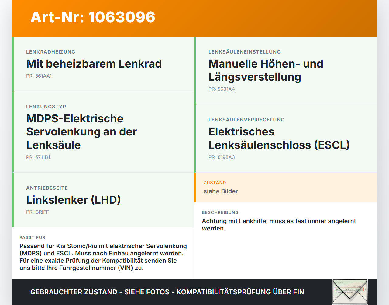 KIA Stonic YB 17-20 Lenkhilfe Lenksäule elektrisch KIA Stonic YB 17-20 09.12.2019 56310H8400 47300C2C277 GE610J3100... Vorschau 3