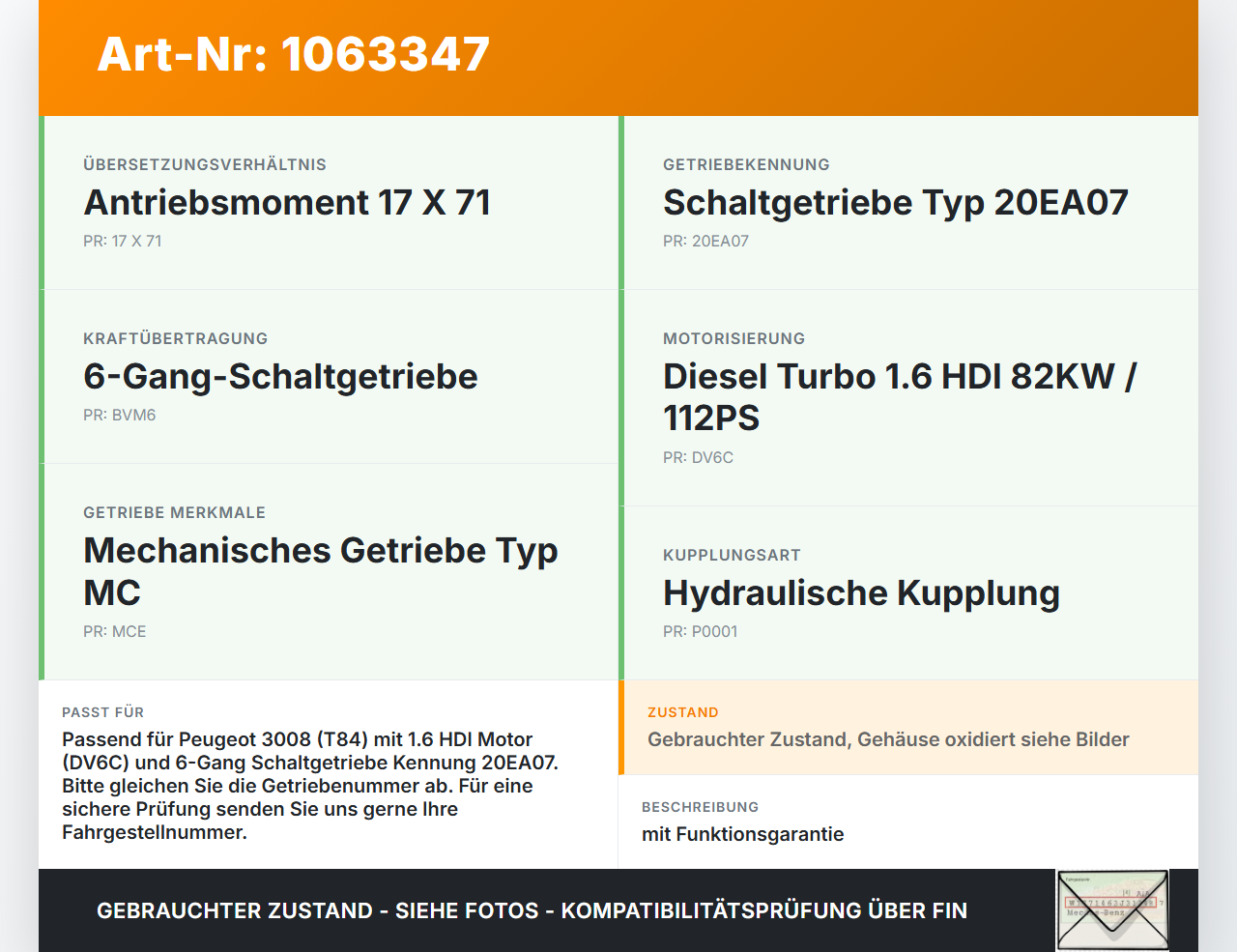 Peugeot 3008 I 0U 13-16 HDI 1,6 82KW Schaltgetriebe Getriebe 20EA07 Peugeot 3008 I 0U 13-16 02.01.2012 2231E6... Vorschau 3