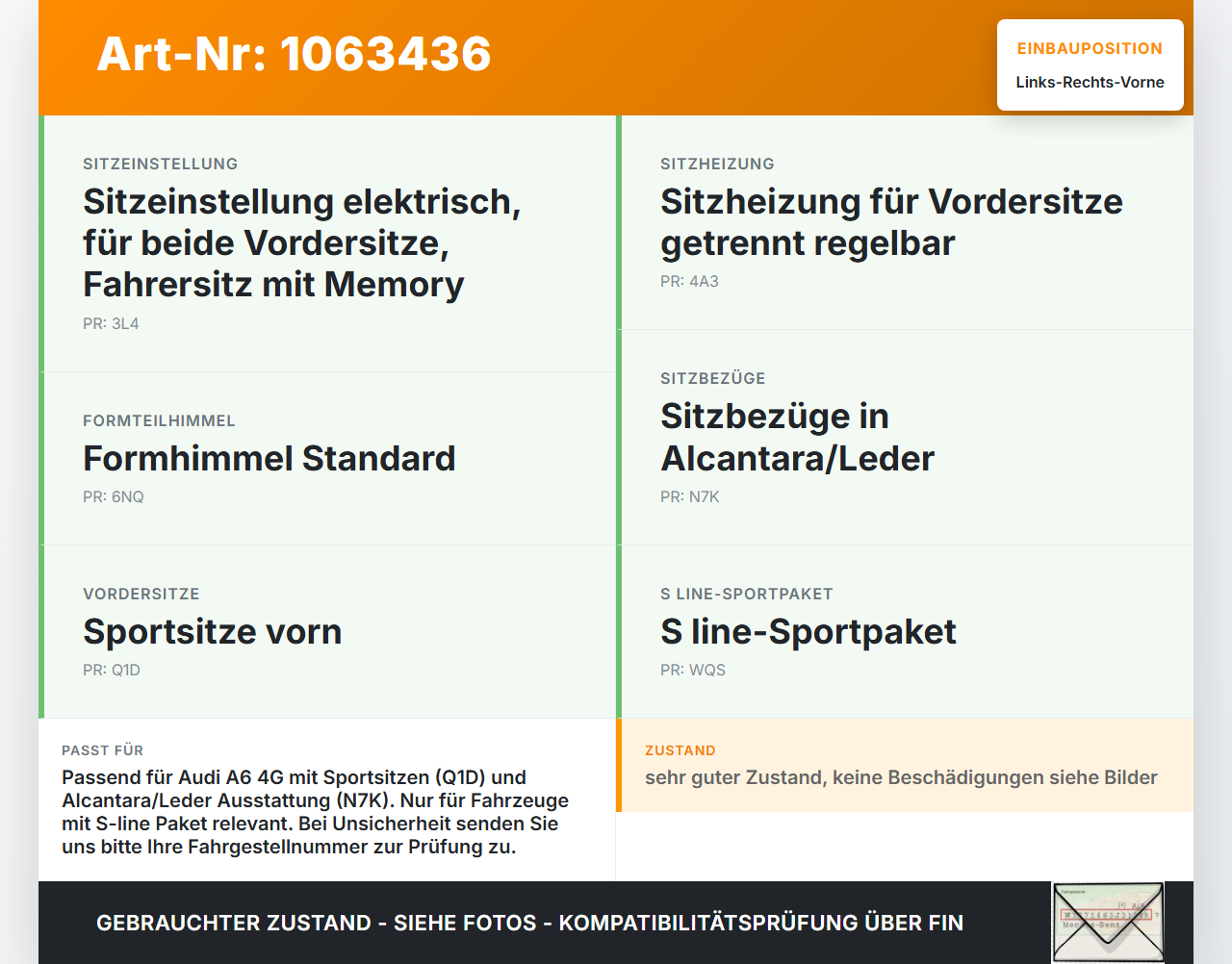 Audi A6 4G C7 11-14 qu Kopfstütze für Fahrer Sitz Rechts oder Links Vorne Audi A6 4G C7 11-14 qu 31.01.2012... Vorschau 3