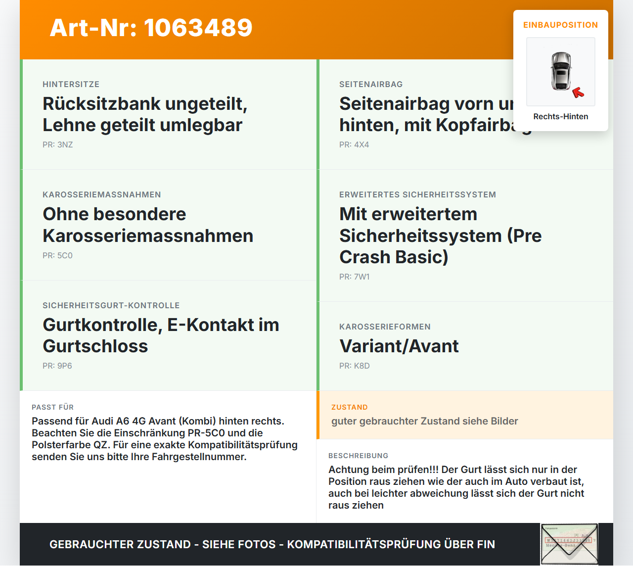 Audi A6 4G C7 11-14 qu Kombi Gurt Sicherheitsgurt Rechts Hinten Audi A6 4G C7 11-14 qu 31.01.2012 4G8857805D... Vorschau 3