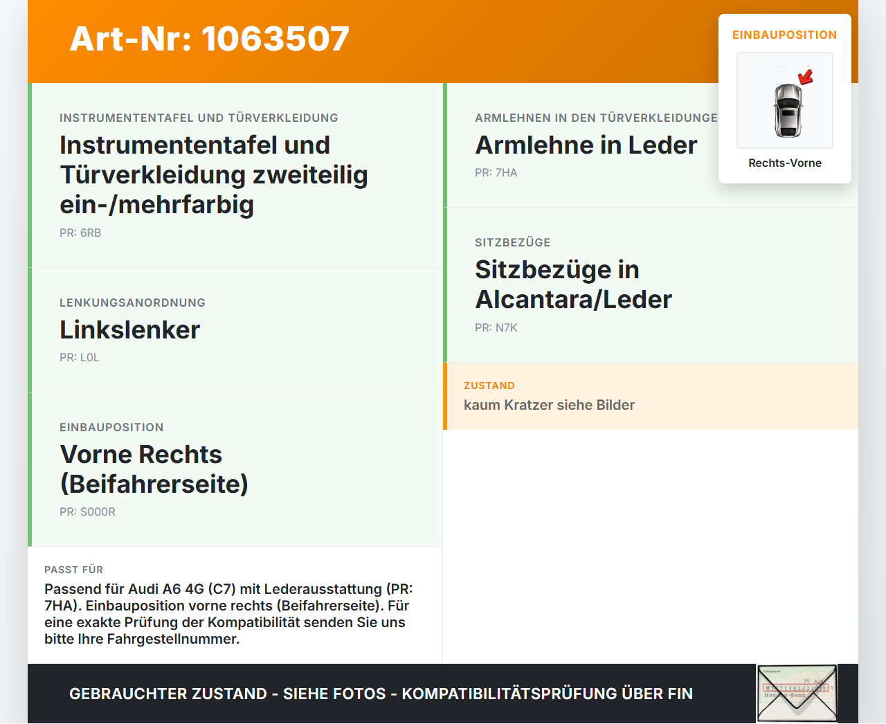 Audi A6 4G C7 11-14 qu 2,0 130KW Armlehne Armauflage Leder Schwarz für Tür Rechts Vorne Audi A6 4G C7 11-14 qu... Vorschau 3
