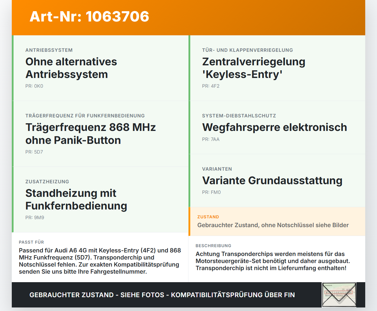 Audi A6 4G C7 11-14 qu Fernbedienung Funk Funkschlüssel Audi A6 4G C7 11-14 qu 31.01.2012 4G0959754K 8K0959754D... Vorschau 3