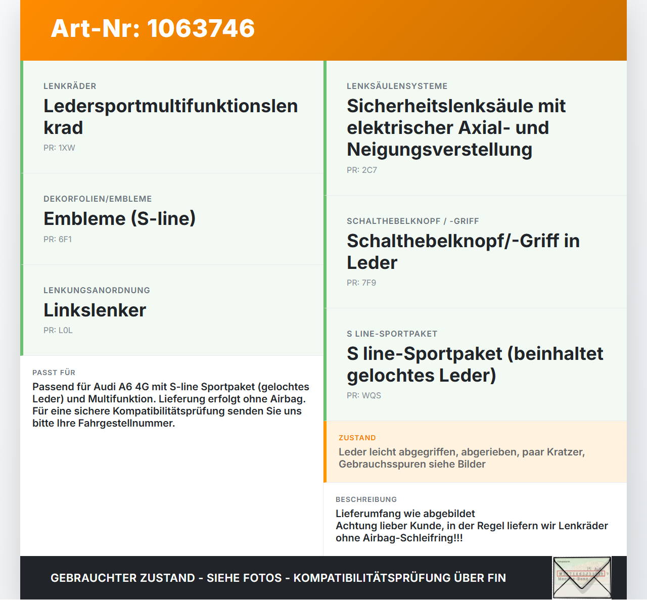 Audi A6 4G C7 11-14 qu Lenkrad ohne Airbag Leder Audi A6 4G C7 11-14 qu 31.01.2012 8X0419091L 611013700 gebraucht Vorschau 3