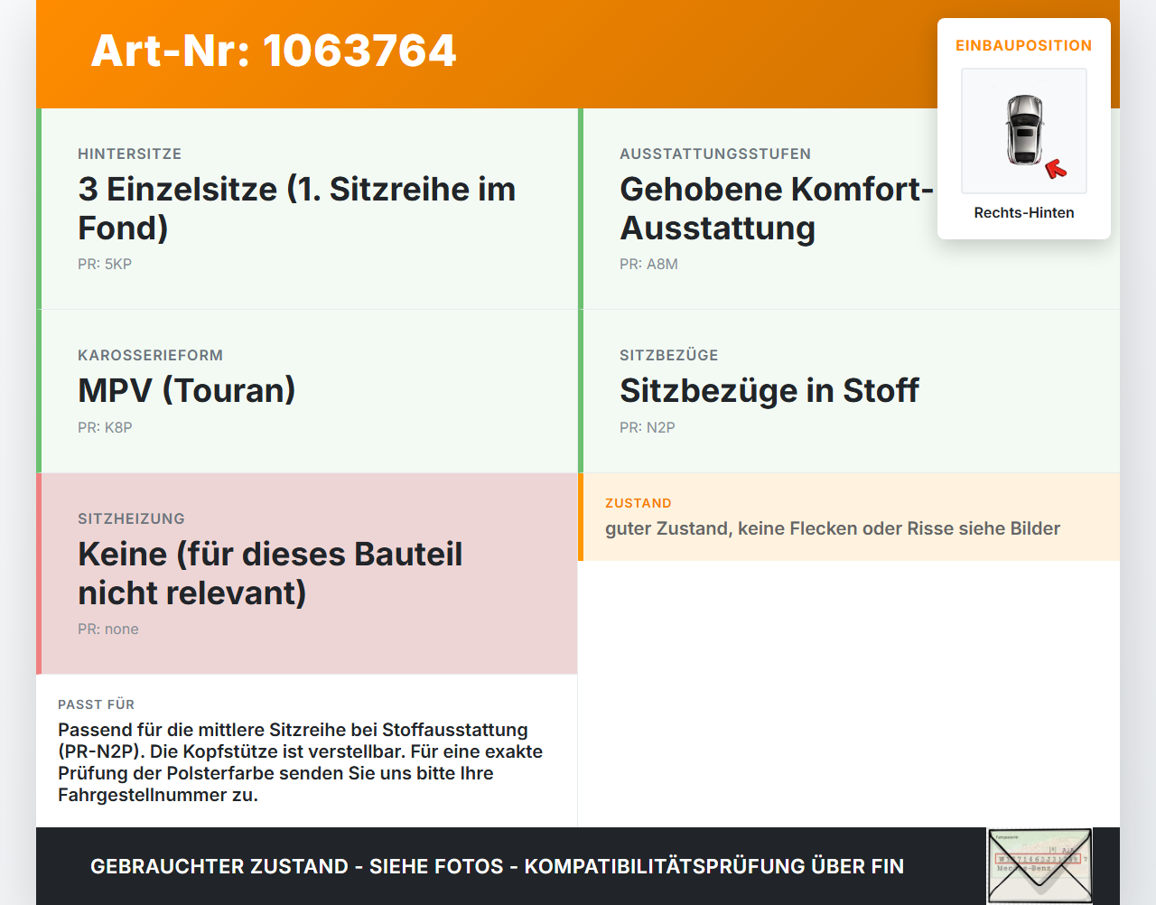 VW Touran 1T 06-10 Kopfstütze Rechts Hinten mittlere Reihe VW Touran 1T 06-10 06.08.2007 1T0883902L gebraucht Vorschau 3