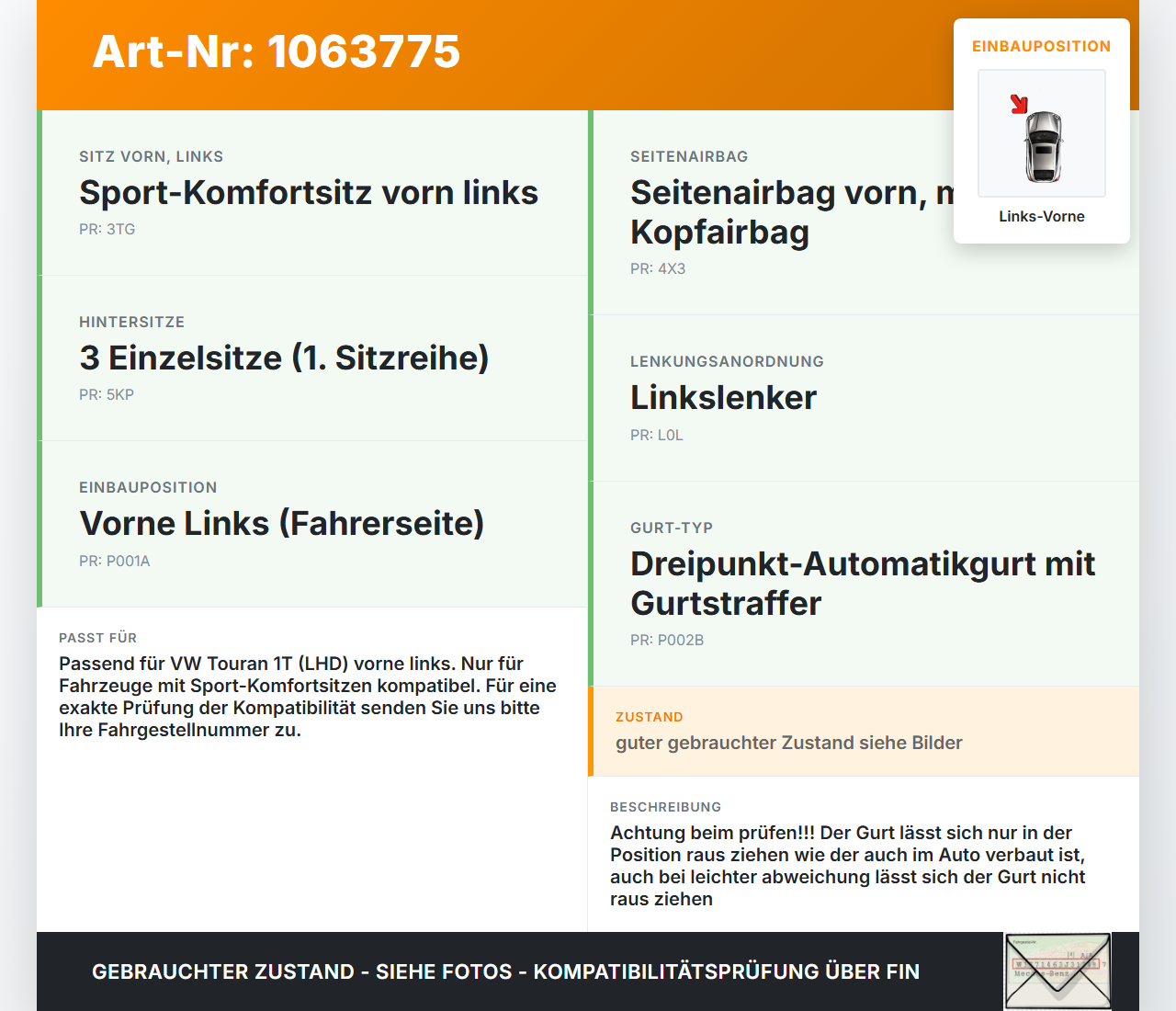 VW Touran 1T 06-10 Gurt Sicherheitsgurt m. Gurtstraffer Fahrer Links Vorne VW Touran 1T 06-10 06.08.2007 1T1857705B... Vorschau 3