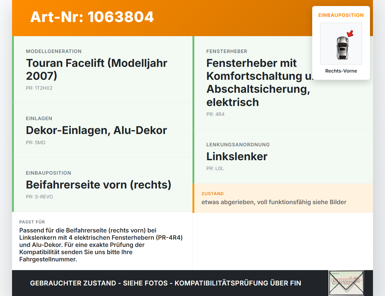 VW Touran 1T 06-10 Fensterheberschalter Schalter Rechts Vorne VW Touran 1T 06-10 06.08.2007 1F0959527 gebraucht Vorschau 3