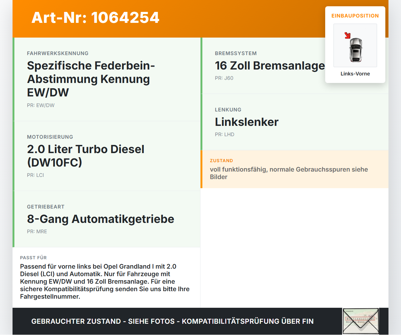 Opel Grandland I 17-21 Federbein Stossdämpfer Vorne Links Opel Grandland I 17-21 29.03.2018 9819718780 gebraucht Vorschau 3