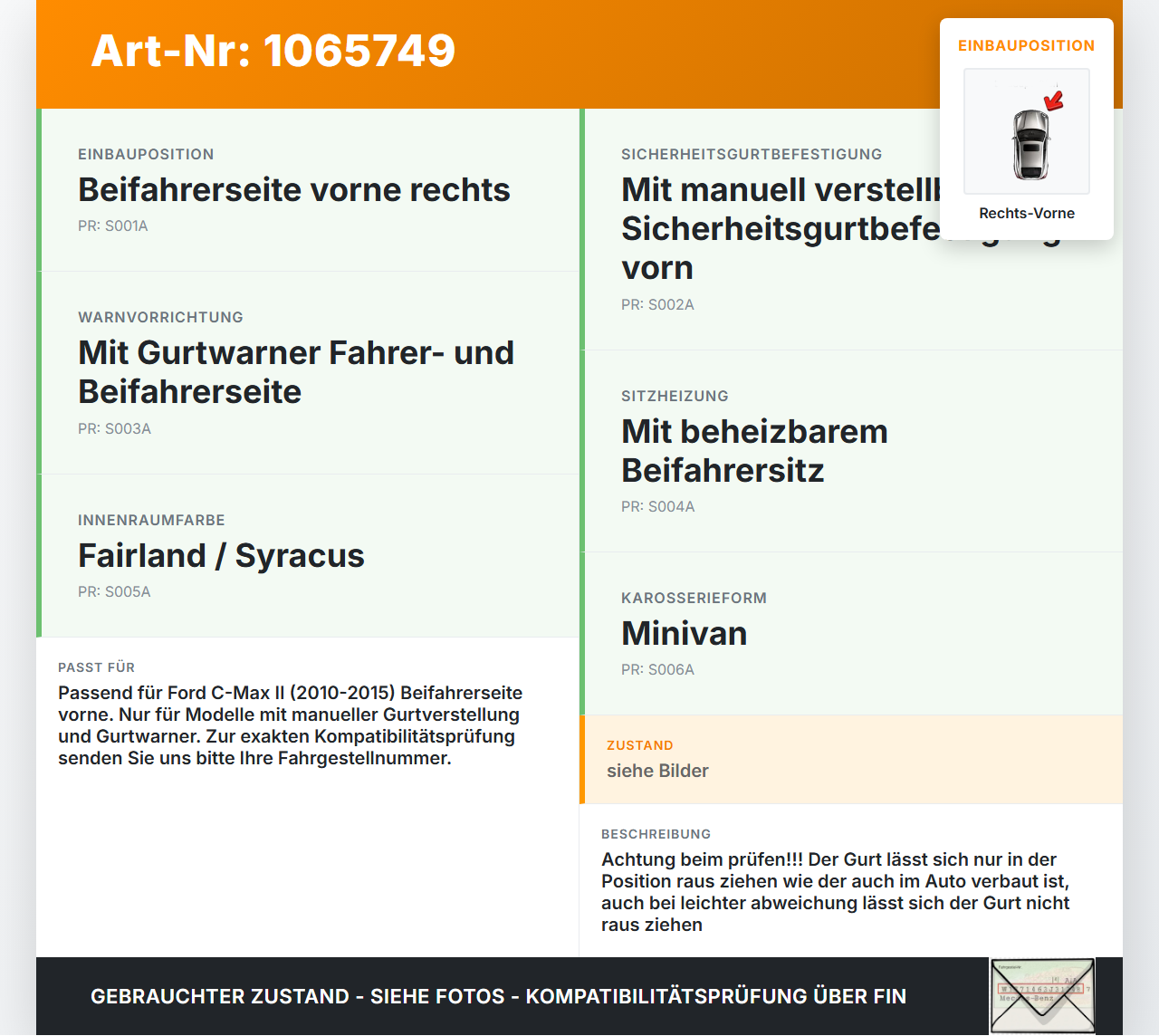 Ford C-max II 10-15 Gurt Sicherheitsgurt Gurtstraffer für Beifahrer Rechts Vorne Ford C-max II 10-15 13.02.2012... Vorschau 3