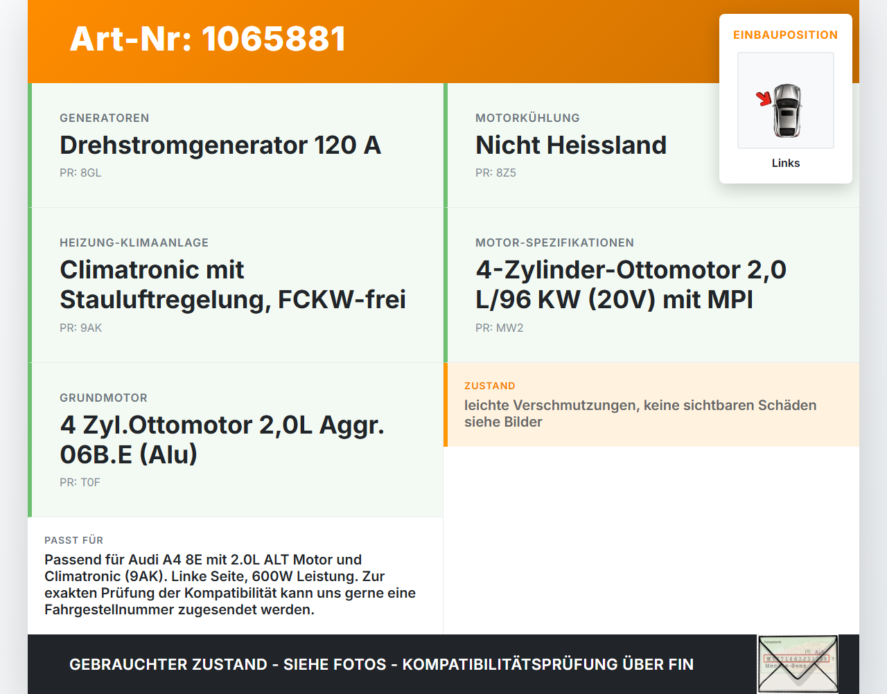 Audi A4 8E 04-08 2,0 96KW Lüfter Ventilator f. Kühler Links 600W Audi A4 8E 04-08 12.09.2005 8E0959455K 8E0959501T... Vorschau 3