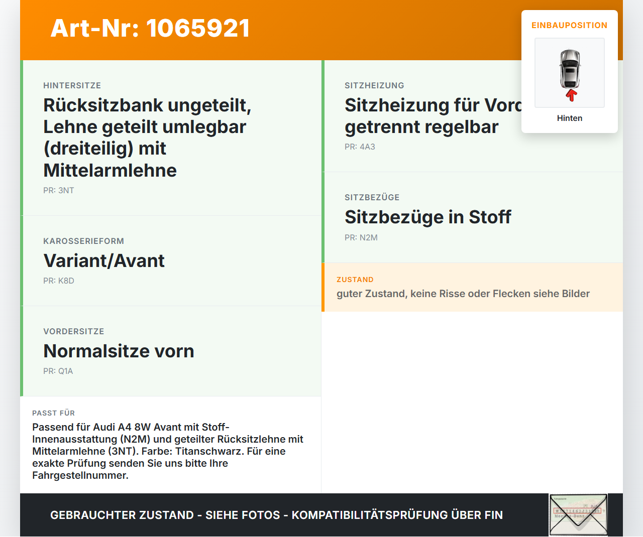 Audi A4 8W 19-24 Kombi Sitzbezug Sitzpolster für Rücksitzbank Hinten Audi A4 8W 19-24 27.01.2020 8W0885403 gebraucht Vorschau 3