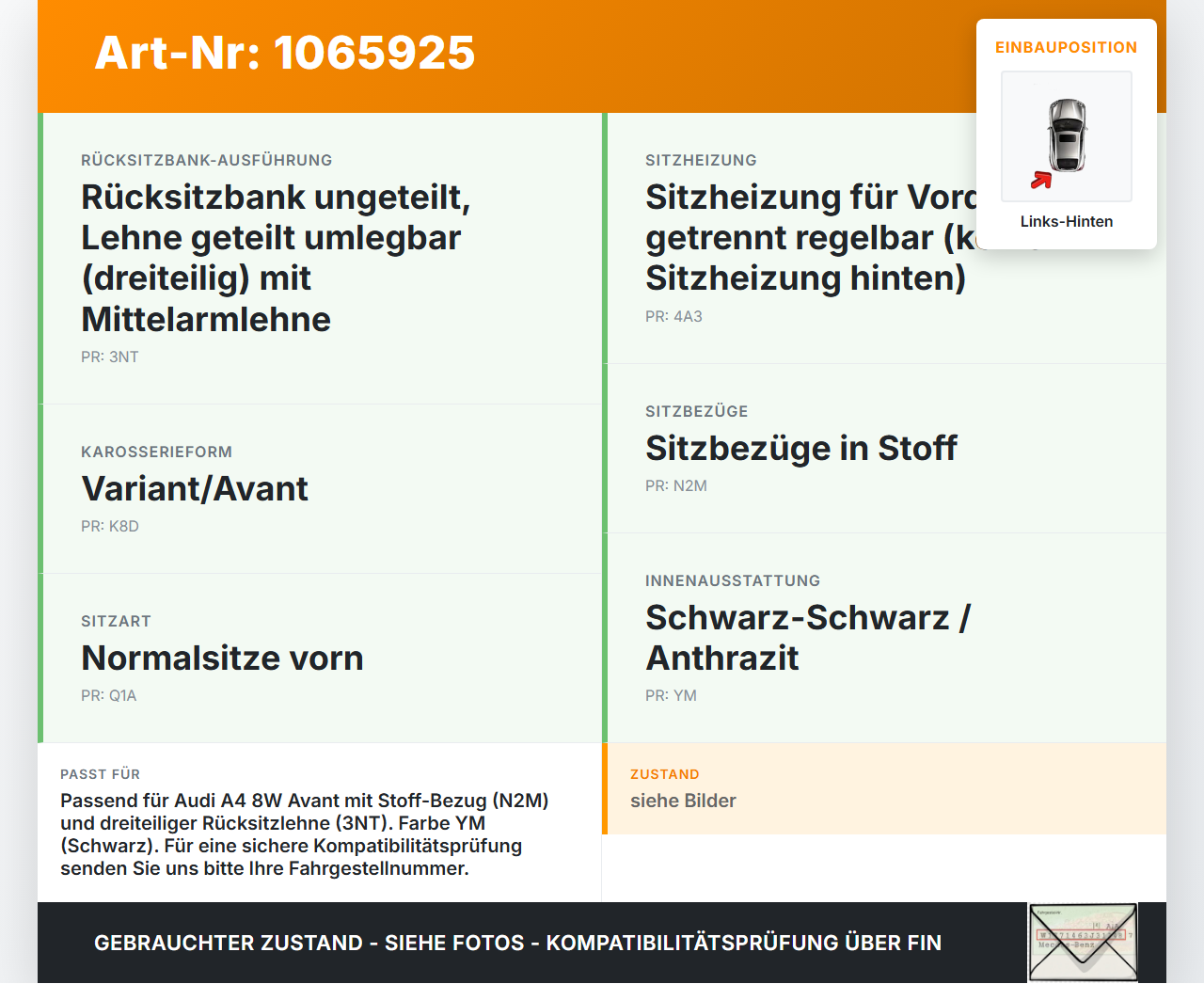 Audi A4 8W 19-24 Kombi Sitzbezug Rückenpolster Links für Rücksitzbank Hinten Audi A4 8W 19-24 27.01.2020 8W0885775A... Vorschau 3