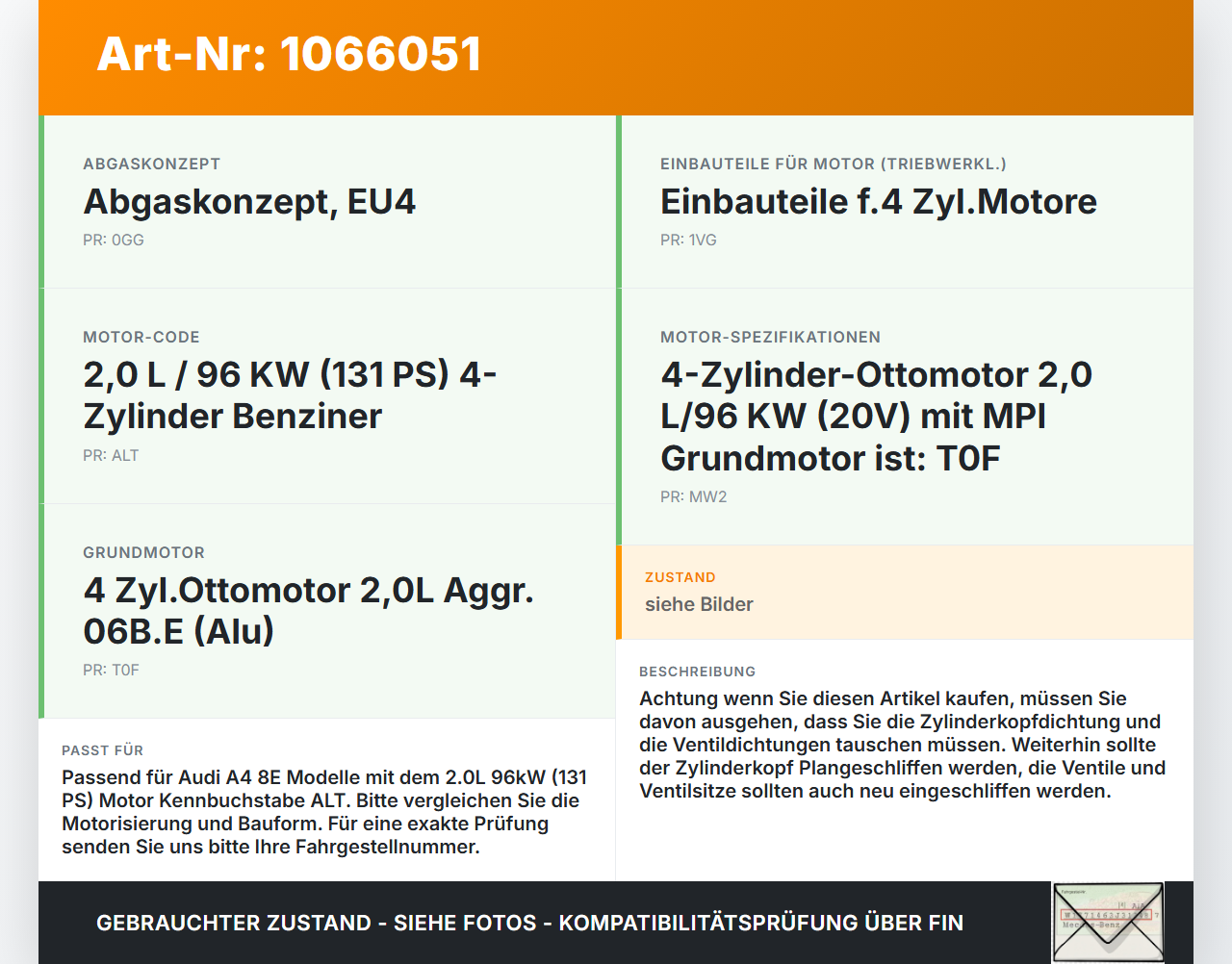 Audi A4 8E 04-08 2,0 96KW ALT Zylinderkopf Audi A4 8E 04-08 12.09.2005 06B103351J 05060626W2 gebraucht Vorschau 3