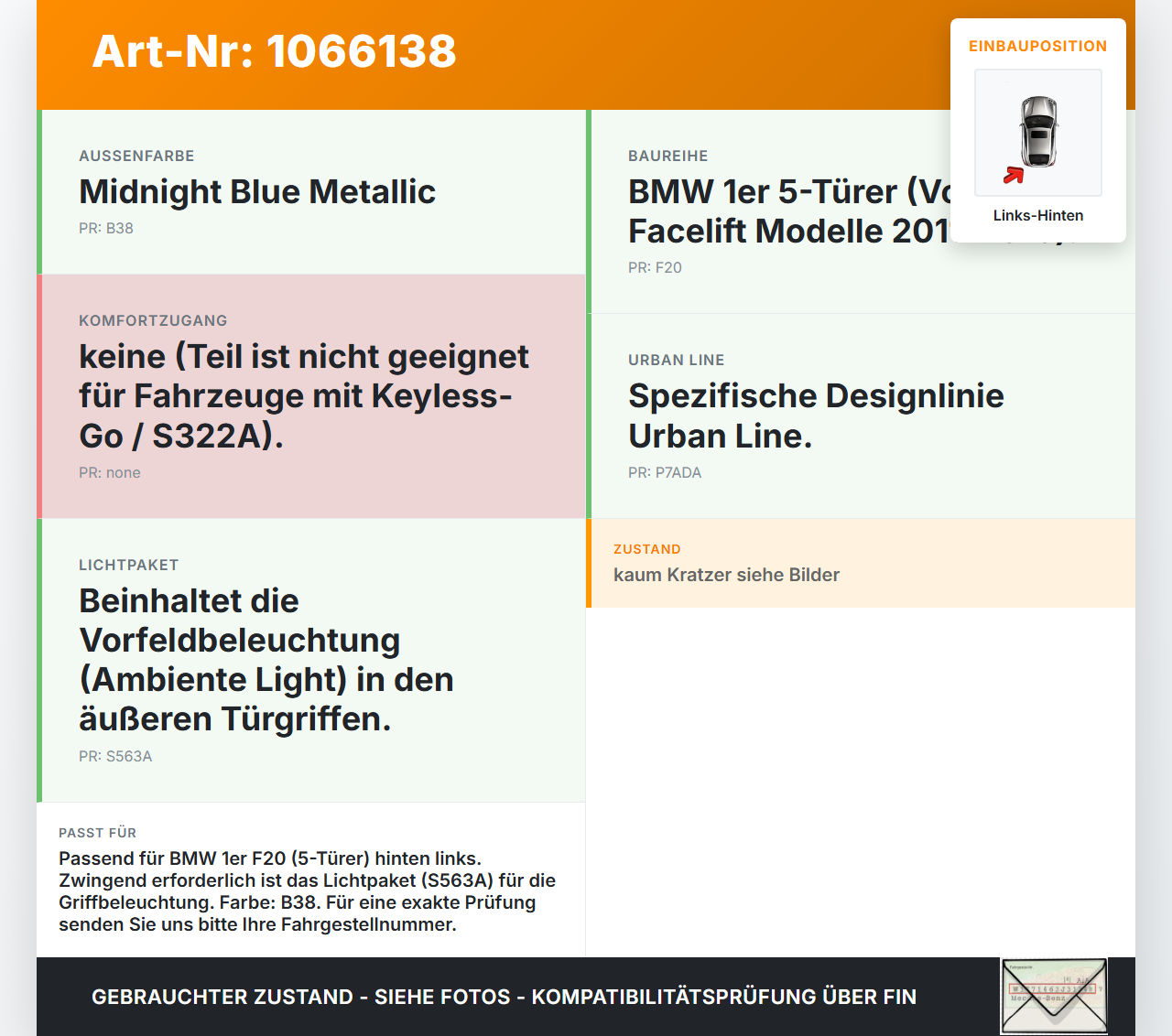 BMW 1er 116i F20 11-15 5T Türgriff Griff aussen Links Hinten Ambiente Light B38 BMW 1er 116i F20 11-15 20.10.2011... Vorschau 3