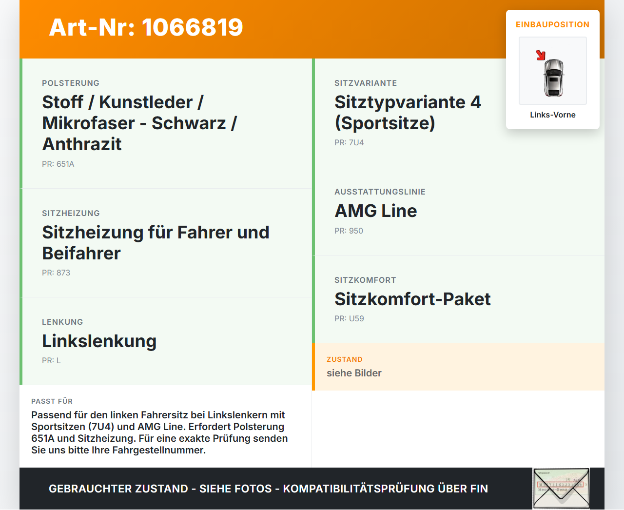 Mercedes W177 A250E 18-22 Lim Sitzbezug Sitzpolster für Fahrersitz Sitz Links Vorne beheizt Mercedes W177 A250E... Vorschau 3