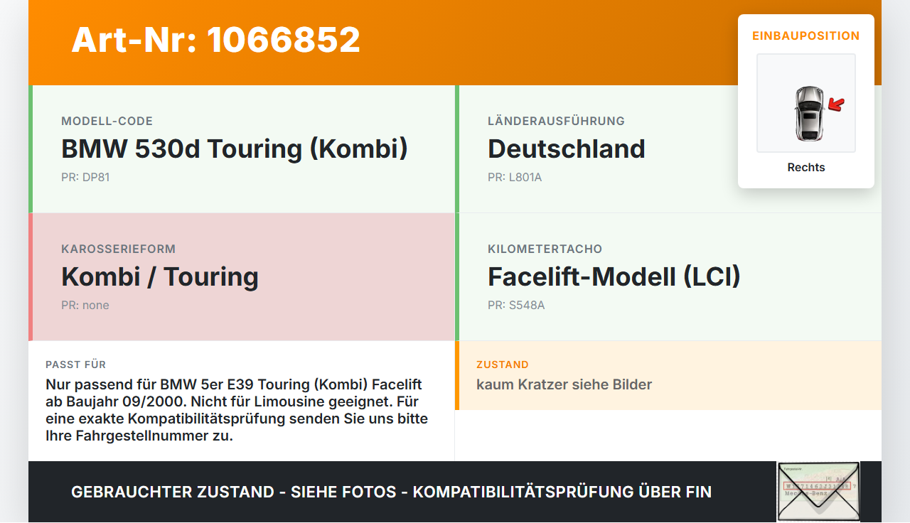 BMW 5er E39 530d 00-04 Kombi Rückleuchte Rücklicht Heckleuchte Rechts orig BMW 5er E39 530d 00-04 09.04.2002... Vorschau 3