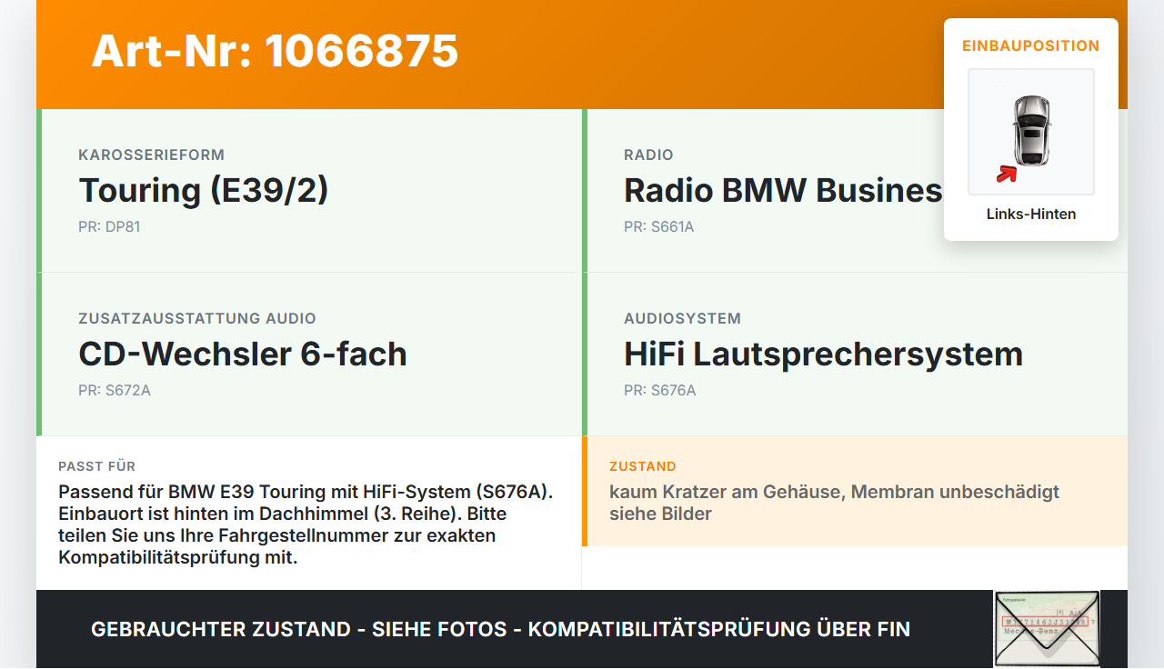 BMW 5er E39 530d 00-04 Lautsprecher Tieftöner Links Hinten 3te Reihe BMW 5er E39 530d 00-04 09.04.2002 65138369265... Vorschau 3