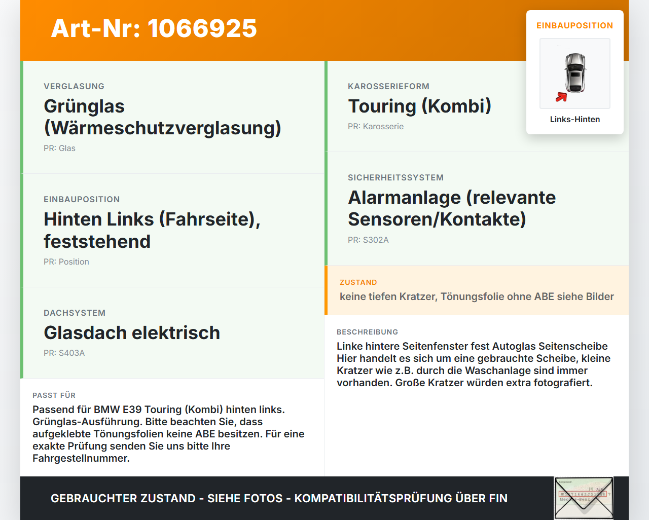 BMW 5er E39 530d 00-04 Kombi Seitenscheibe Feste Scheibe Links Hinten BMW 5er E39 530d 00-04 09.04.2002 7145033... Vorschau 3