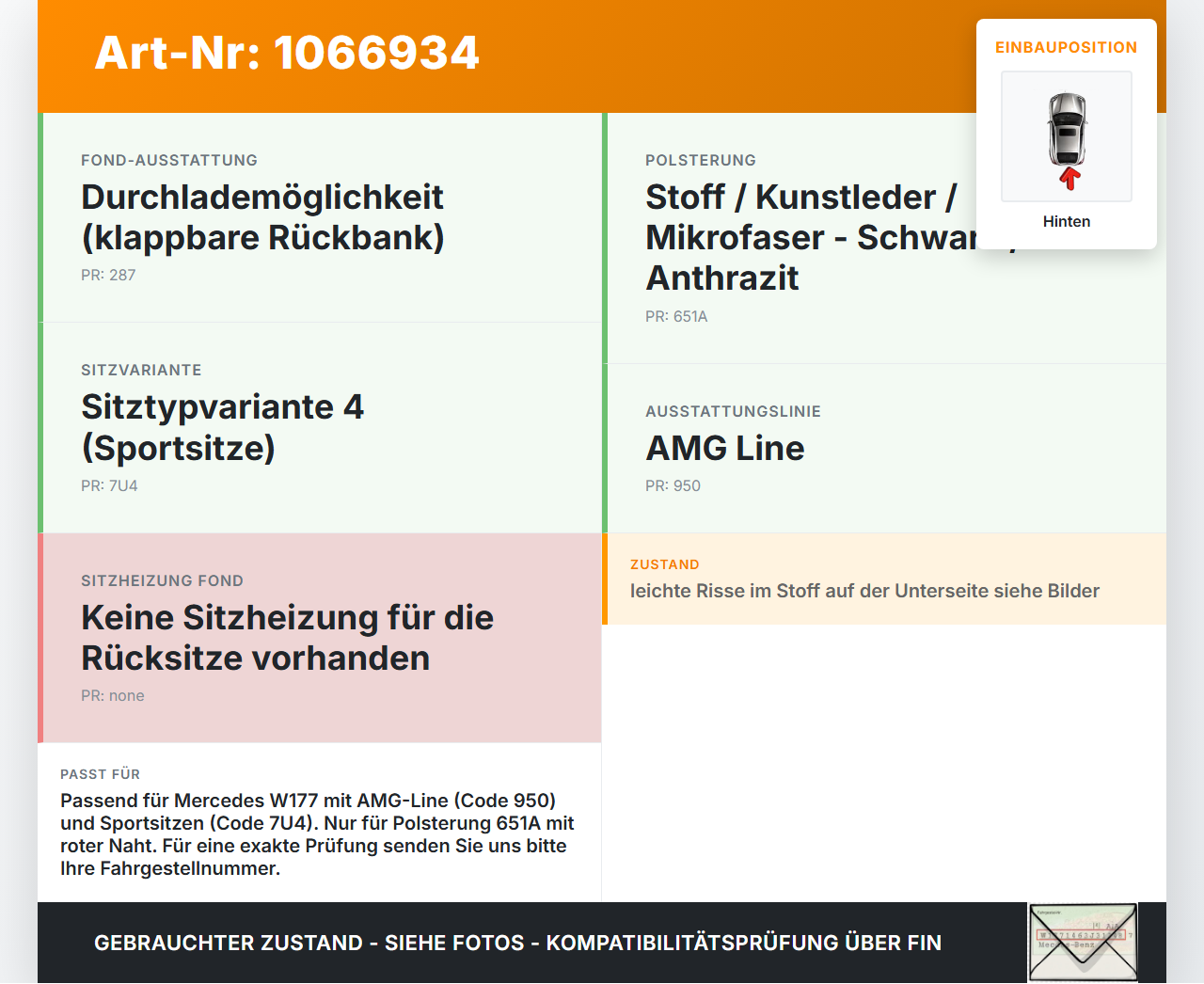 Mercedes W177 A250E 18-22 Lim Sitzbezug Sitzpolster für Rücksitzbank Hinten rote Naht Mercedes W177 A250E 18-22... Vorschau 3