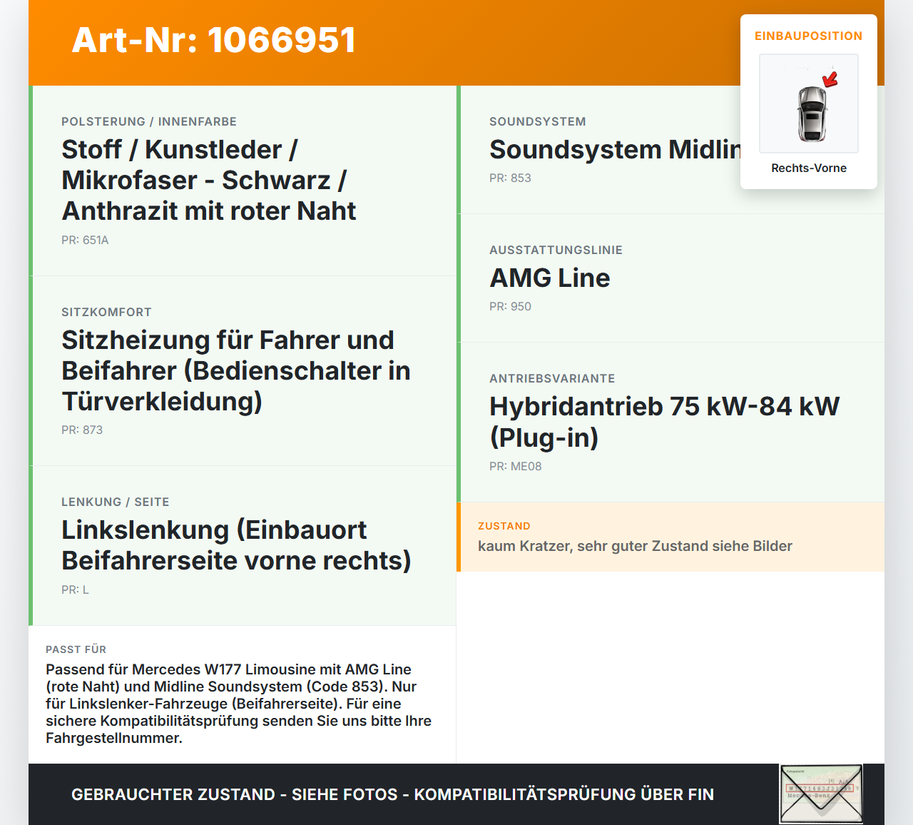 Mercedes W177 A250E 18-22 Lim Türverkleidung Türpappe Rechts Vorne rote Naht Mercedes W177 A250E 18-22 26.03.2021... Vorschau 3