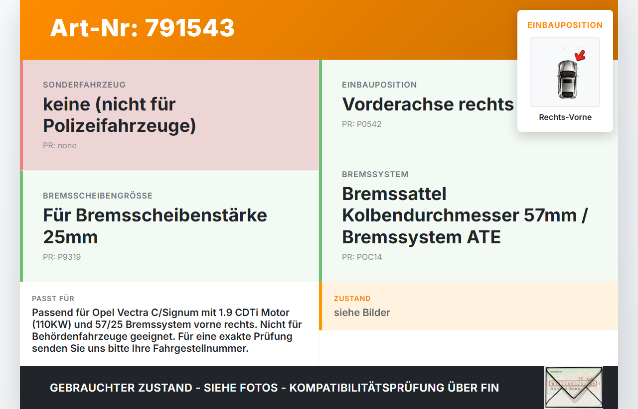 Opel Signum Vectra C 05-08 CDTi 1,9 110KW Bremssattel Bremszange Vorne Rechts 57/25 Opel Signum Vectra C 05-08... Vorschau 3