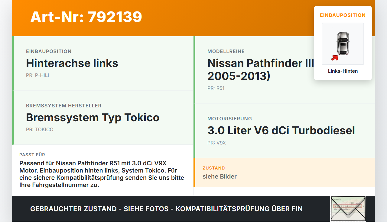 Nissan Pathfinder III R51 07-13 dCi 3,0 170KW Bremssattel Bremszange Hinten Links Nissan Pathfinder III R51 07-13... Vorschau 3
