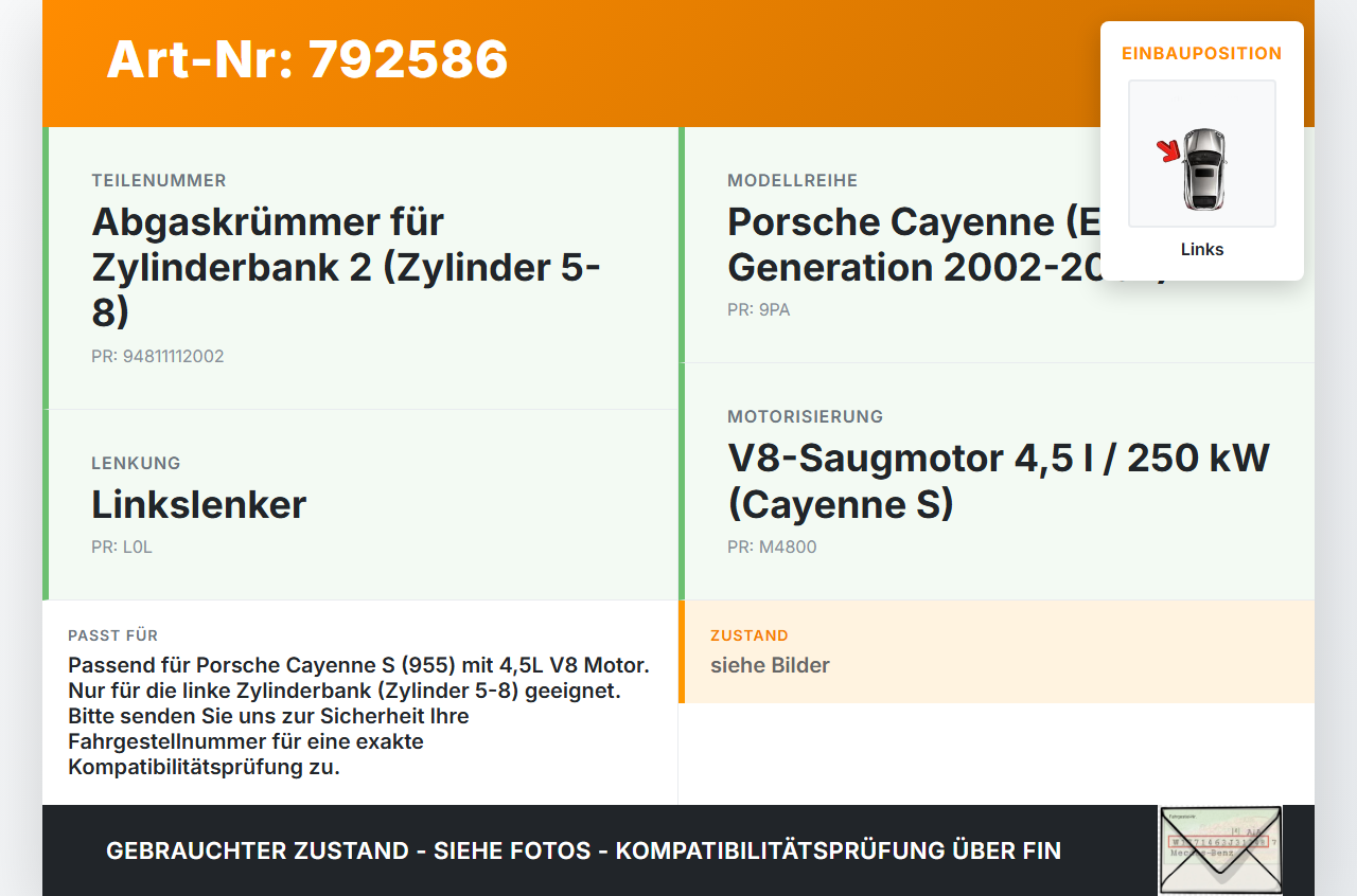 Porsche Cayenne 9PA 955 02-07 4,5 250KW 4800 Abgaskrümmer Links 5-8 Porsche Cayenne 9PA 955 02-07 10.02.2005... Vorschau 3