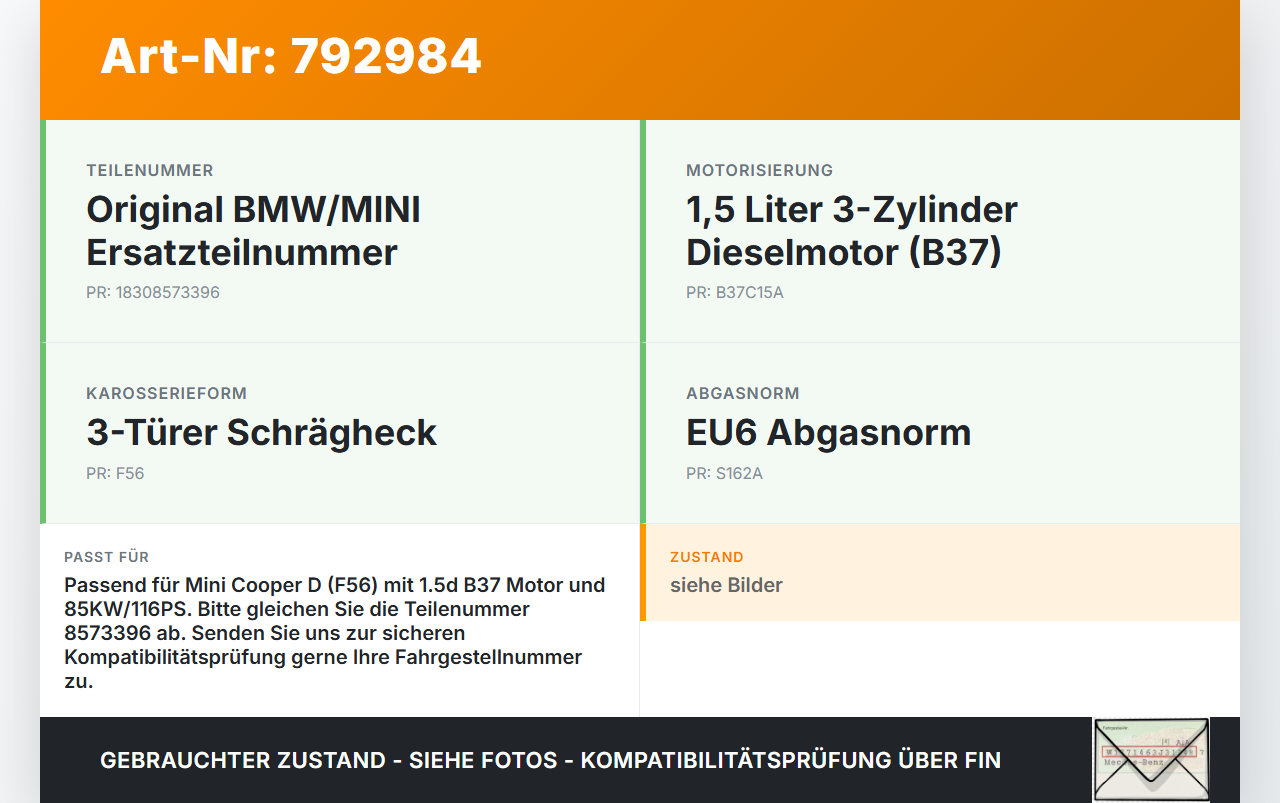 Mini Cooper D F56 14-18 1,5d 85KW Katalysator Kat Mini Cooper D F56 14-18 27.06.2014 1830-8573396 8573396 gebraucht Vorschau 3