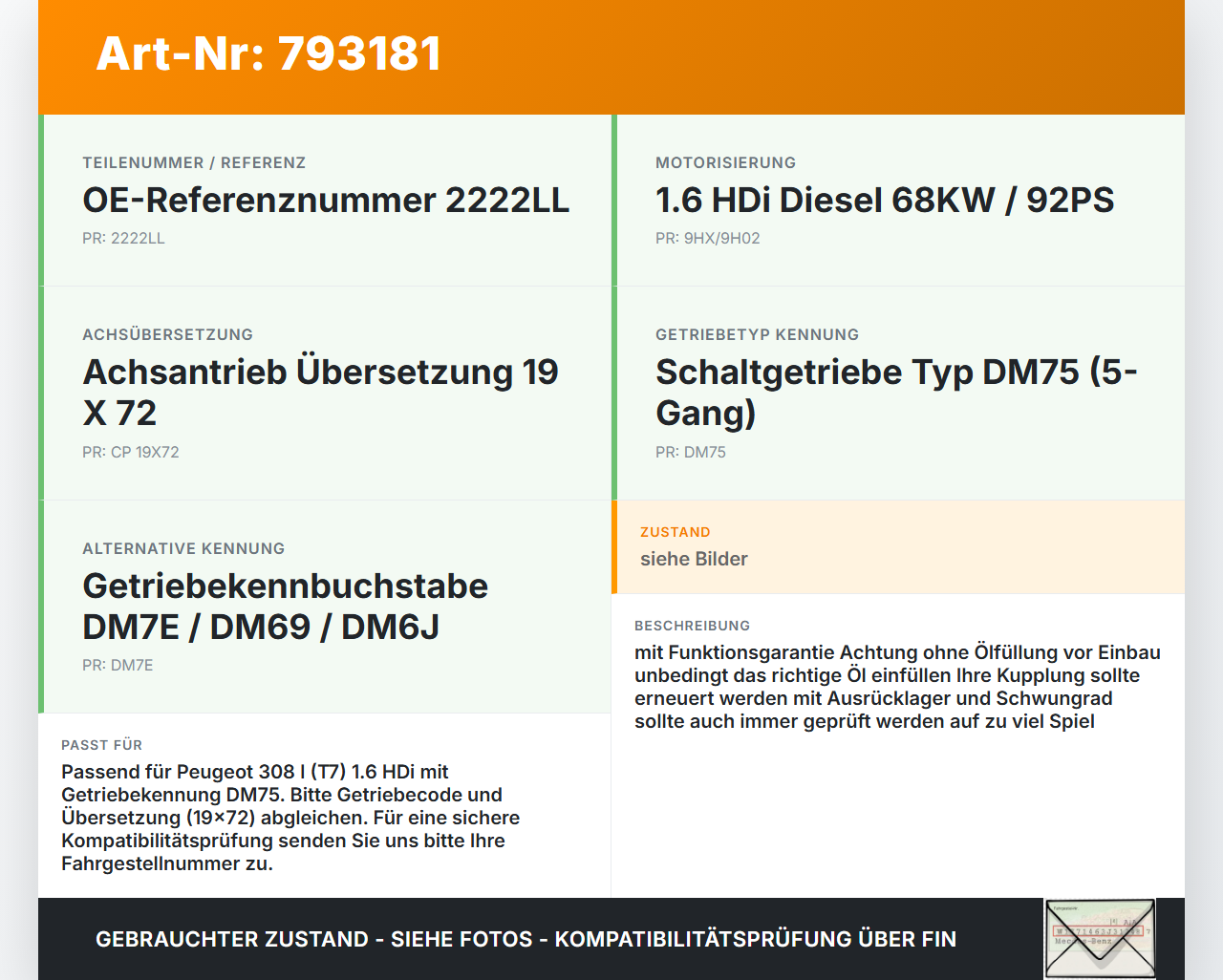 Peugeot 308 I T7 07-11 Hdi 1,6 68KW DM75 Schaltgetriebe Getriebe DM75 Peugeot 308 I T7 07-11 28.03.2011 2222LL gebraucht Vorschau 3
