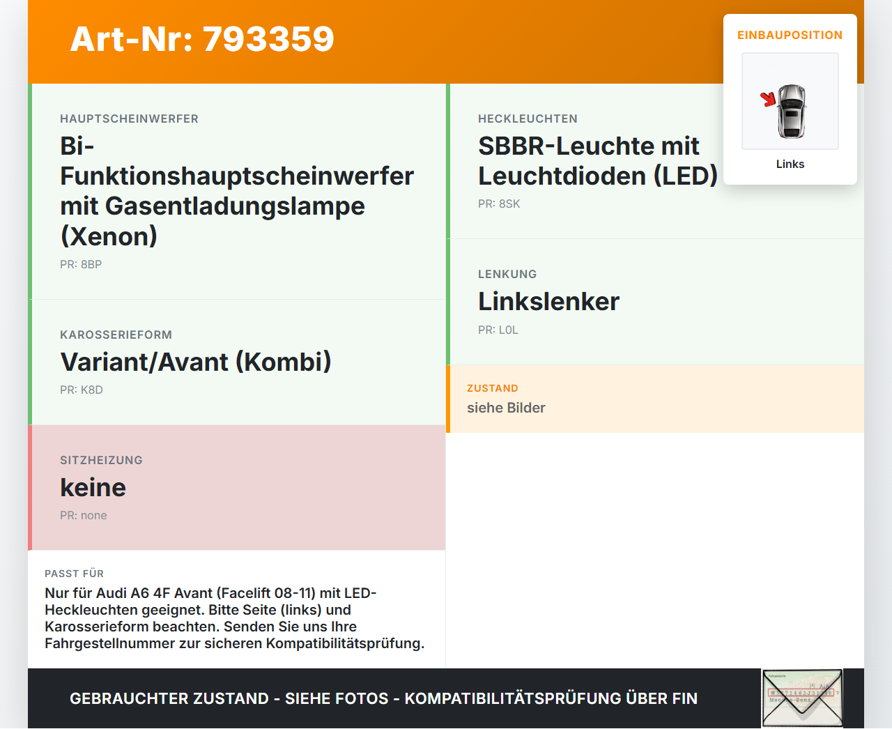Audi A6 4F C6 08-11 Kombi Rückleuchte Rücklicht Heckleuchte Links orig Audi A6 4F C6 08-11 22.04.2010 4F9945093E... Vorschau 3