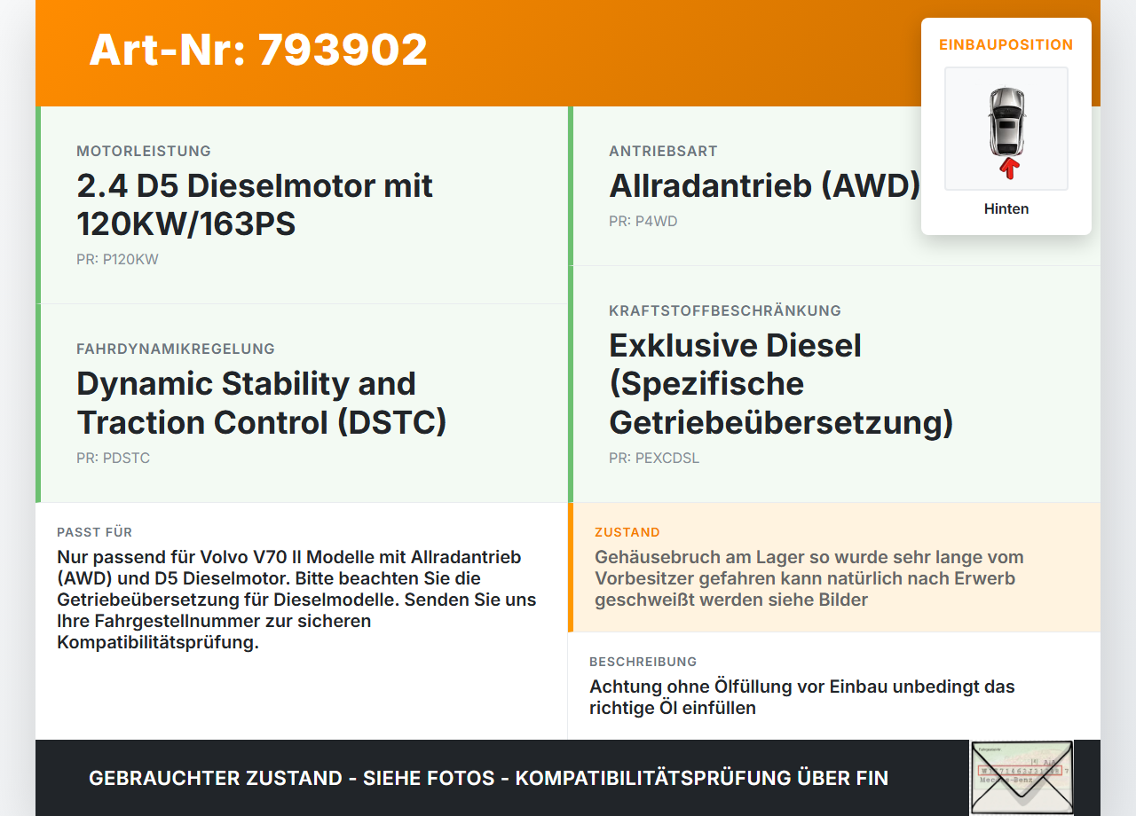 Volvo V70 II 00-04 2,4 D5 120KW 4WD Differential Hinterachsgetriebe Hinten Volvo V70 II 00-04 16.04.2004 8603681... Vorschau 3