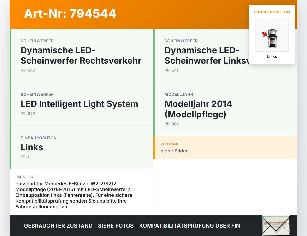 Mercedes S212 E350d 13-16 LED Blinker Blinkleuchte Links für Scheinwerfer Mercedes S212 E350d 13-16 17.12.2014... Vorschau 3