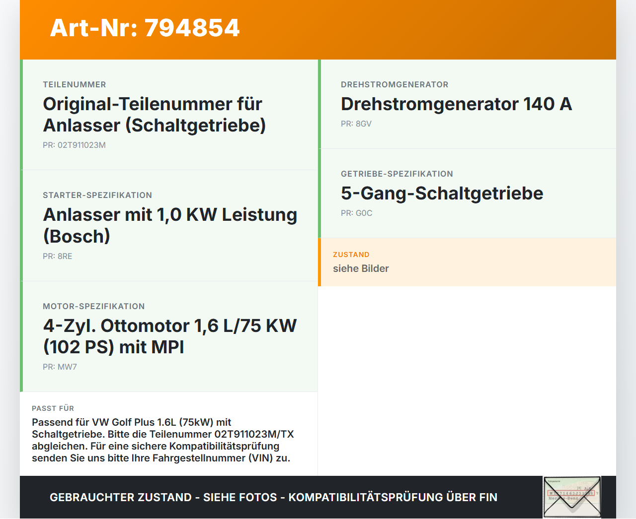 VW Golf 5M Plus 04-08 1,6 75KW Anlasser Starter VW Golf 5M Plus 04-08 15.07.2008 02T911023MX 02T911023T gebraucht Vorschau 3
