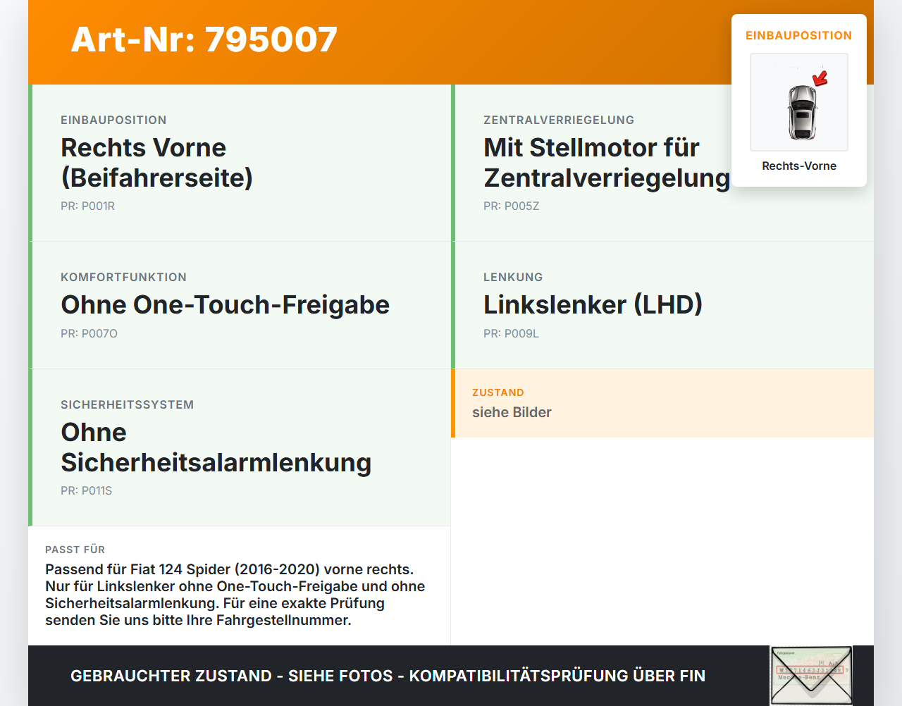 Fiat Spider 124 16-20 Türschloss m. ZV Stellmotor Rechts Vorne Fiat Spider 124 16-20 06.10.2016 6E11-F0379... Vorschau 3