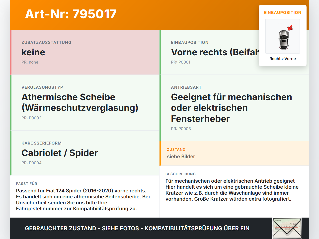 Fiat Spider 124 16-20 RVK Seitenscheibe für Tür Türscheibe Rechts Vorne Fiat Spider 124 16-20 06.10.2016 6000613062... Vorschau 3