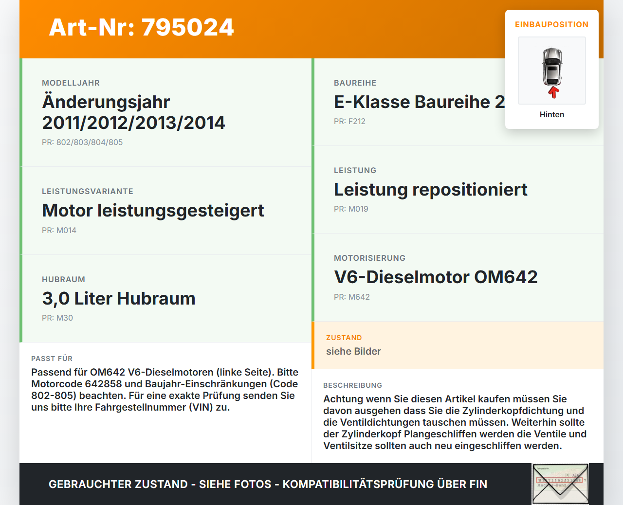Mercedes S212 E350d 13-16 CDI 3,0 195KW 642858 Zylinderkopf Hinten Mercedes S212 E350d 13-16 17.12.2014 A6420100321... Vorschau 3