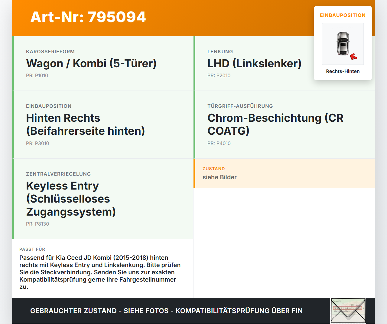 Kia Ceed JD 15-18 Kombi Türschloss m. ZV Stellmotor Rechts Hinten Kia Ceed JD 15-18 24.05.2016 81420-A2400... Vorschau 3