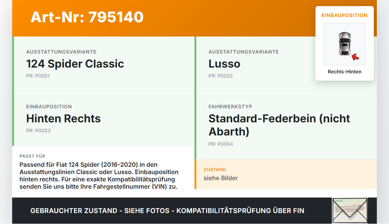 Fiat Spider 124 16-20 Stossdämpfer Federbein Hinten Rechts Fiat Spider 124 16-20 06.10.2016 6000612361 gebraucht Vorschau 3
