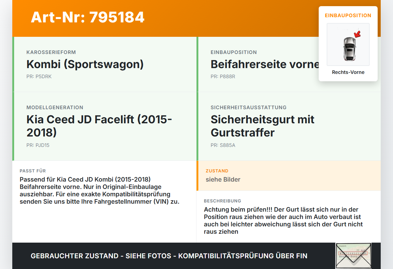 Kia Ceed JD 15-18 Kombi Gurt Sicherheitsgurt Gurtstraffer für Beifahrer Rechts Vorne Kia Ceed JD 15-18 24.05.2016... Vorschau 3