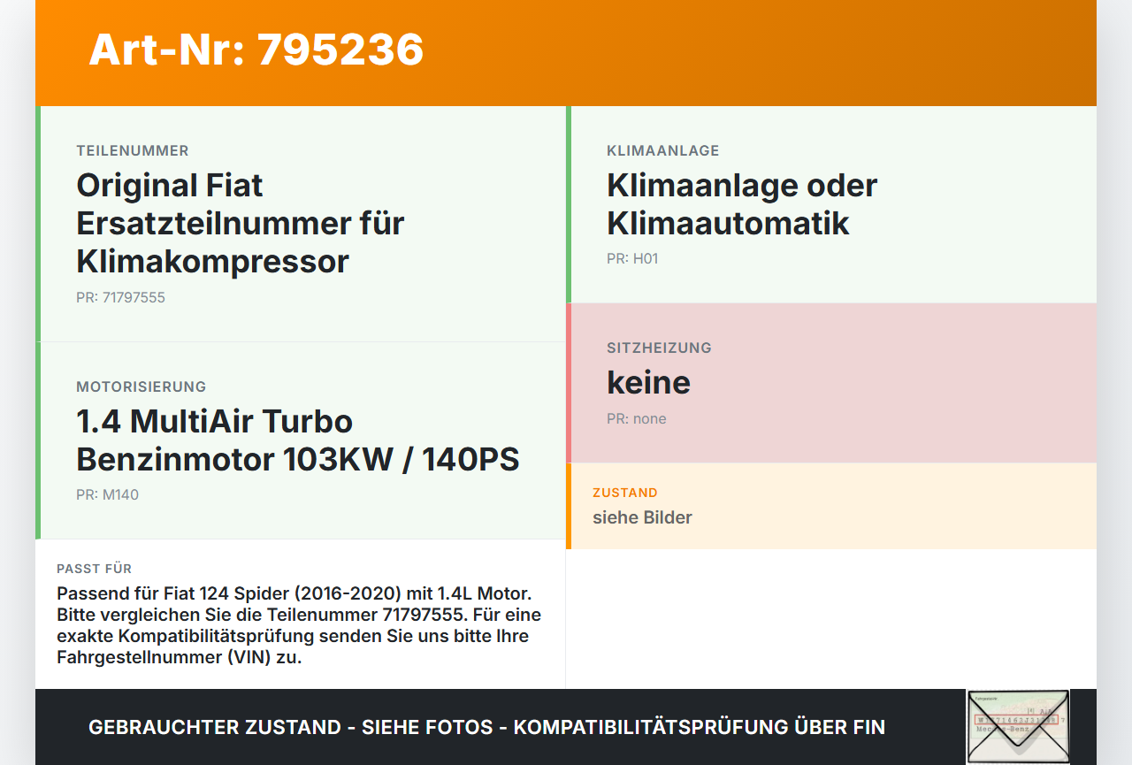 Fiat Spider 124 16-20 1,4 103KW Klimakompressor Klima Kompressor Fiat Spider 124 16-20 06.10.2016 52003263... Vorschau 3