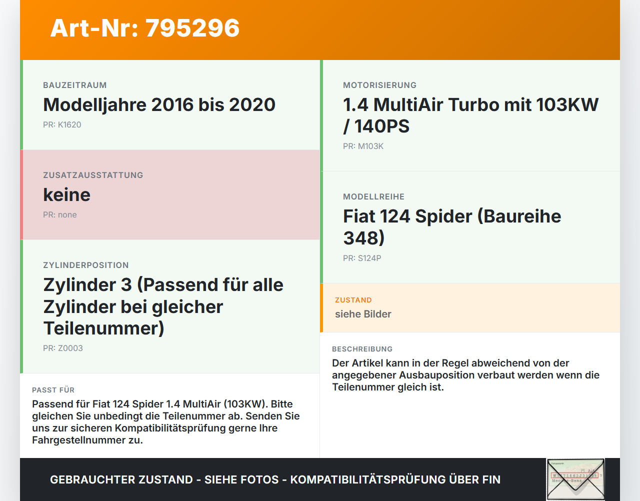 Fiat Spider 124 16-20 1,4 103KW Injektor Einspritzdüse Zyl.3 Fiat Spider 124 16-20 06.10.2016 0280158300 55241175... Vorschau 3