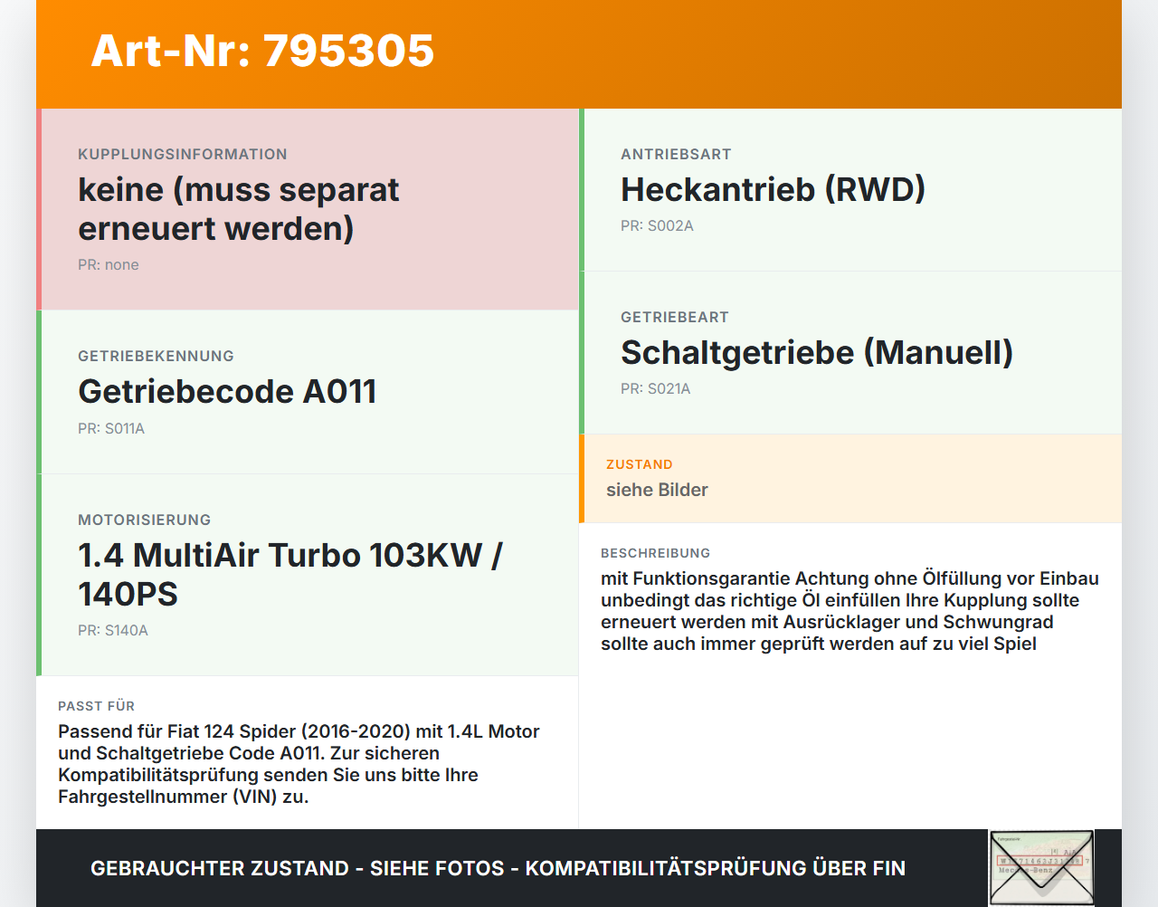 Fiat Spider 124 16-20 1,4 103KW A011 Schaltgetriebe Getriebe Fiat Spider 124 16-20 06.10.2016 6TJ05-00707... Vorschau 3