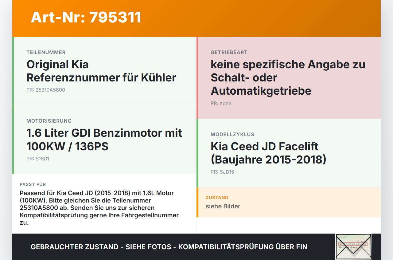 Kia Ceed JD 15-18 1,6 100KW Wasserkühler Kühler Kia Ceed JD 15-18 24.05.2016 25310A5800 gebraucht Vorschau 3