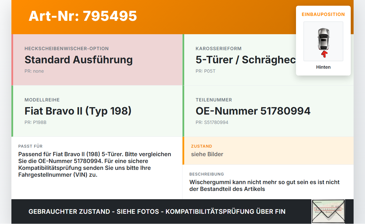 Fiat Bravo II 198 07-14 5T Heckwischer Scheibenwischer Hinten Wischarm Fiat Bravo II 198 07-14 18.02.2008 51780994... Vorschau 3