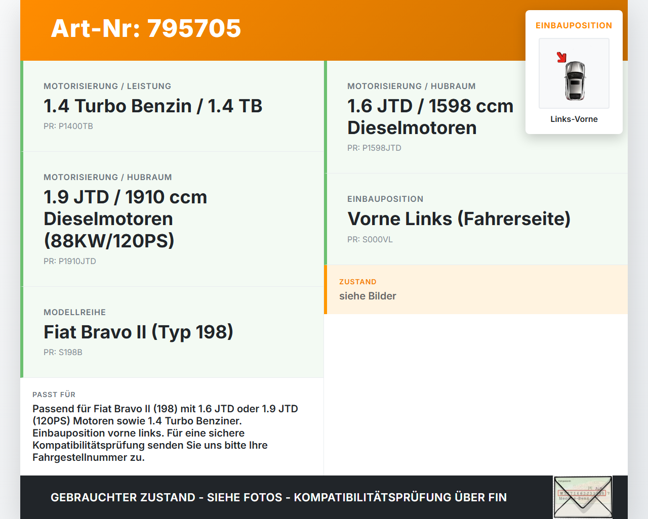Fiat Bravo II 198 07-14 JTD 1,9d 88KW Bremssattel Bremszange Vorne Links Fiat Bravo II 198 07-14 18.02.2008... Vorschau 3
