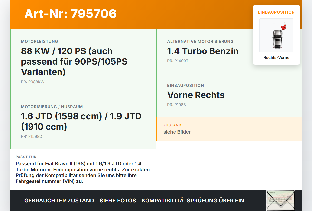 Fiat Bravo II 198 07-14 JTD 1,9d 88KW Bremssattel Bremszange Vorne Rechts Fiat Bravo II 198 07-14 18.02.2008... Vorschau 3