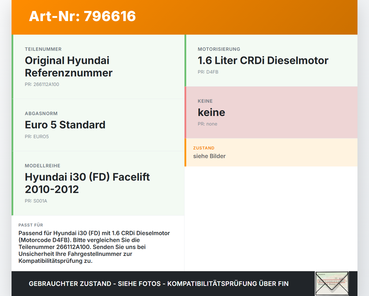 Hyundai I30 FD 10-12 CDRDi 1,6  D4FB R89A Ölmessstab Öl Stab Hyundai I30 FD 10-12 30.09.2011 266112A100 gebraucht Vorschau 3